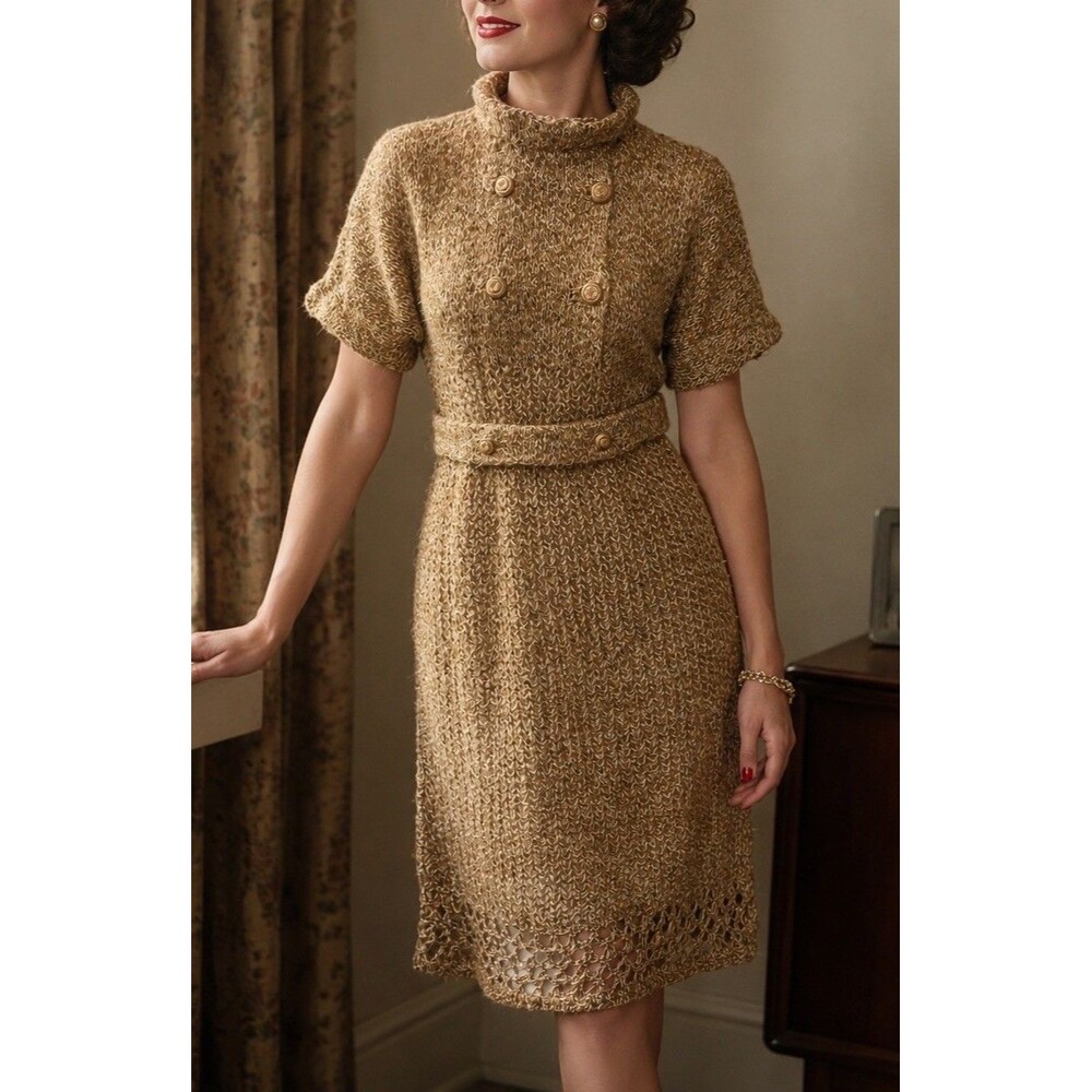 VTG 50'S Handmade Knitted Sweater Dress Beige Wiggle Belted Classic Small